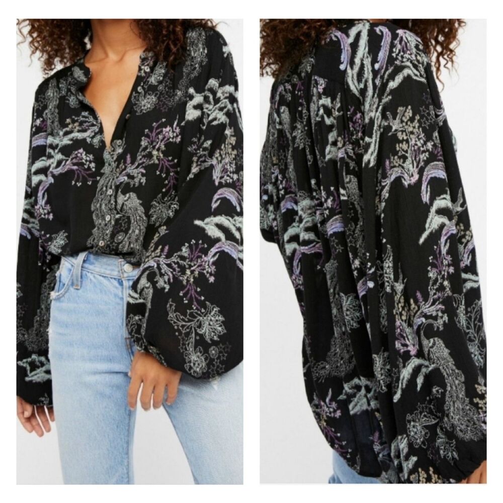 FREE PEOPLE Metallic Blooms Blouse in Black, Sz XS